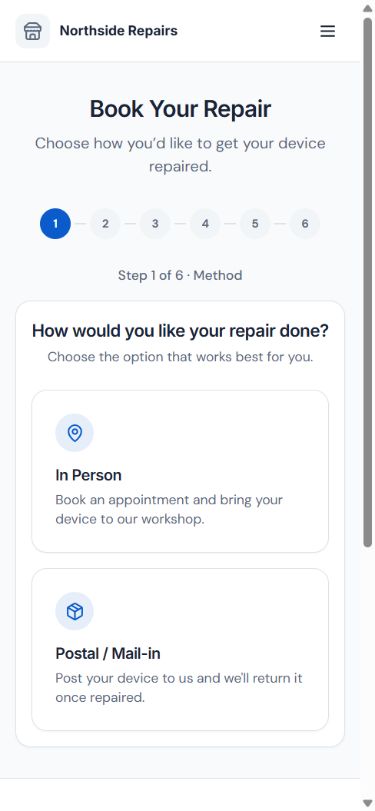 Northside Repairs customer booking on a phone, offering In Person and Postal / Mail-in.