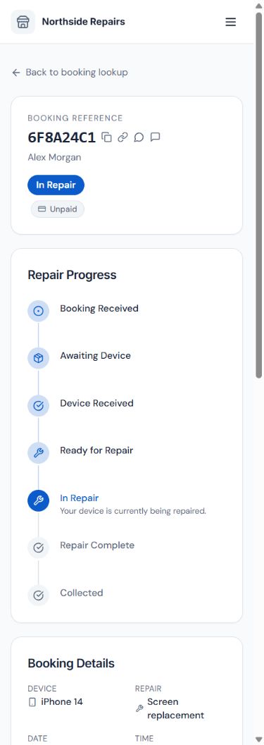 Northside Repairs customer repair status: fictional reference 6F8A24C1, In Repair progress and iPhone 14 repair details.