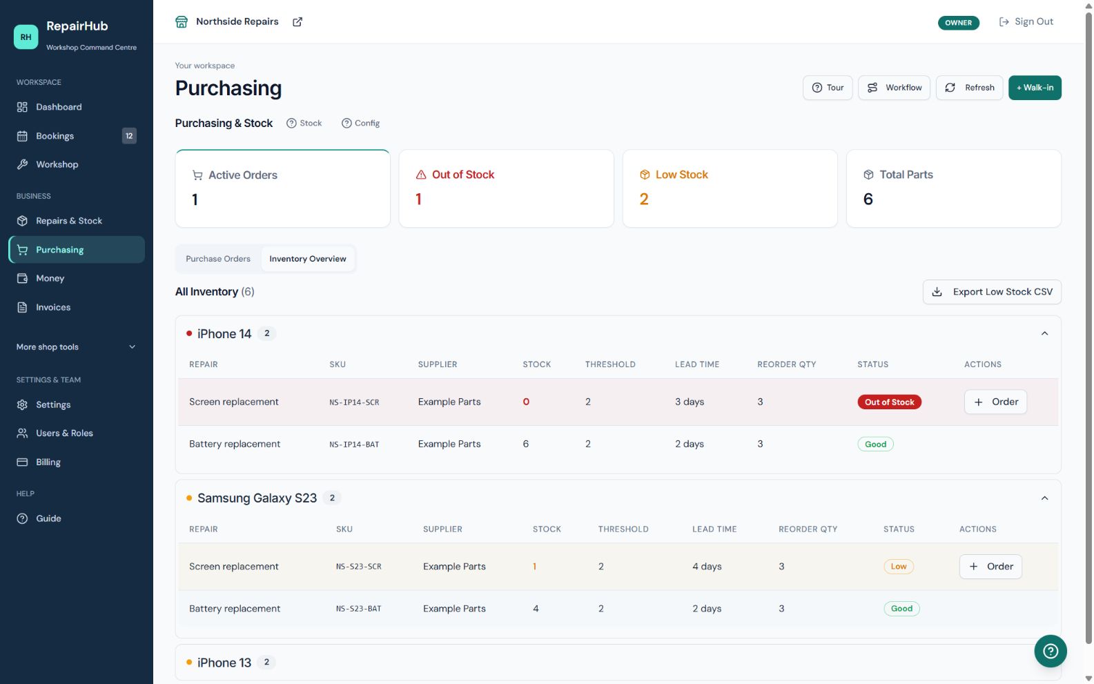 RepairHub Purchasing inventory overview: phone parts, supplier details, stock levels, thresholds and order actions.